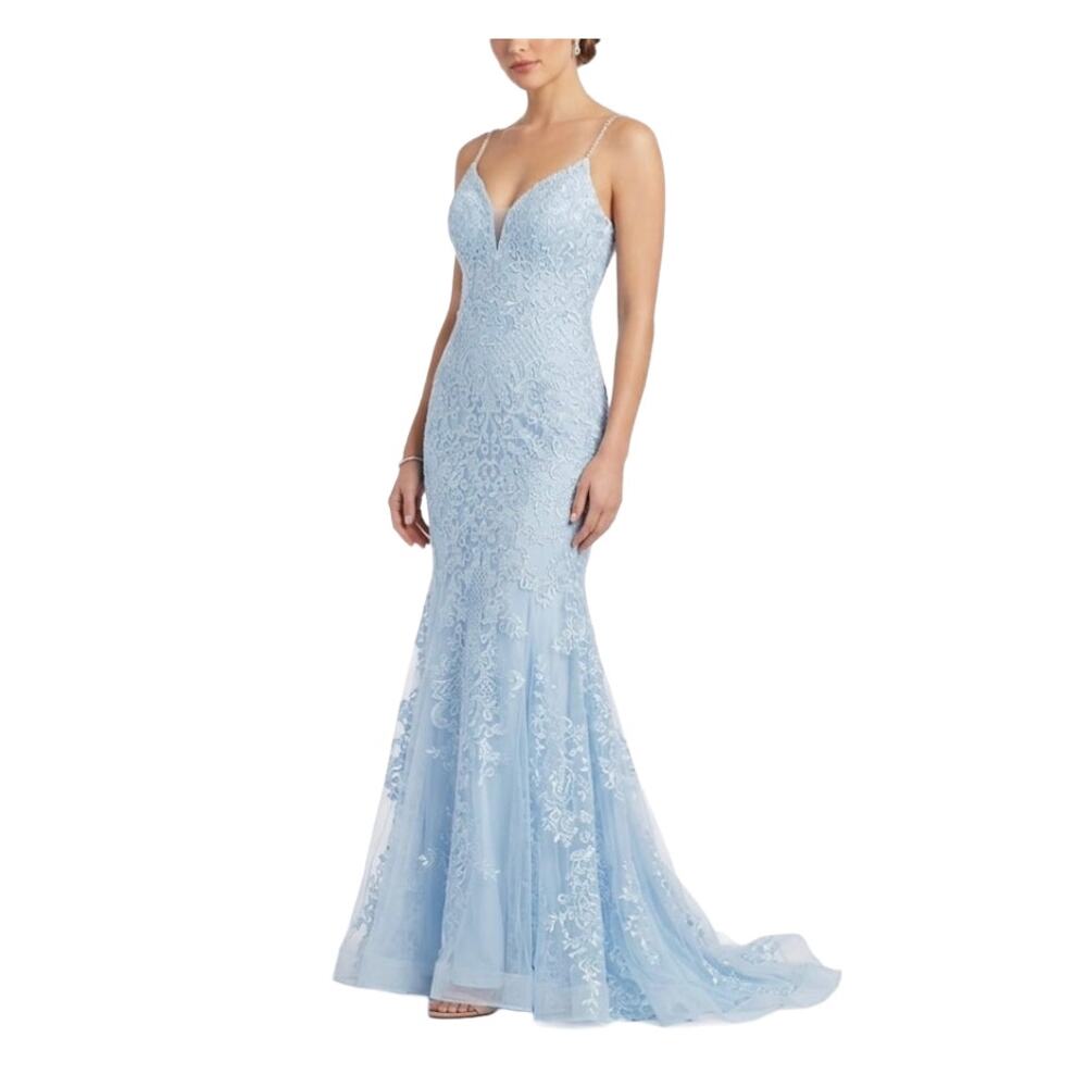Jovani 02258 Beaded Lace Backless Mermaid Evening Gown Light Blue Size 6 Dress